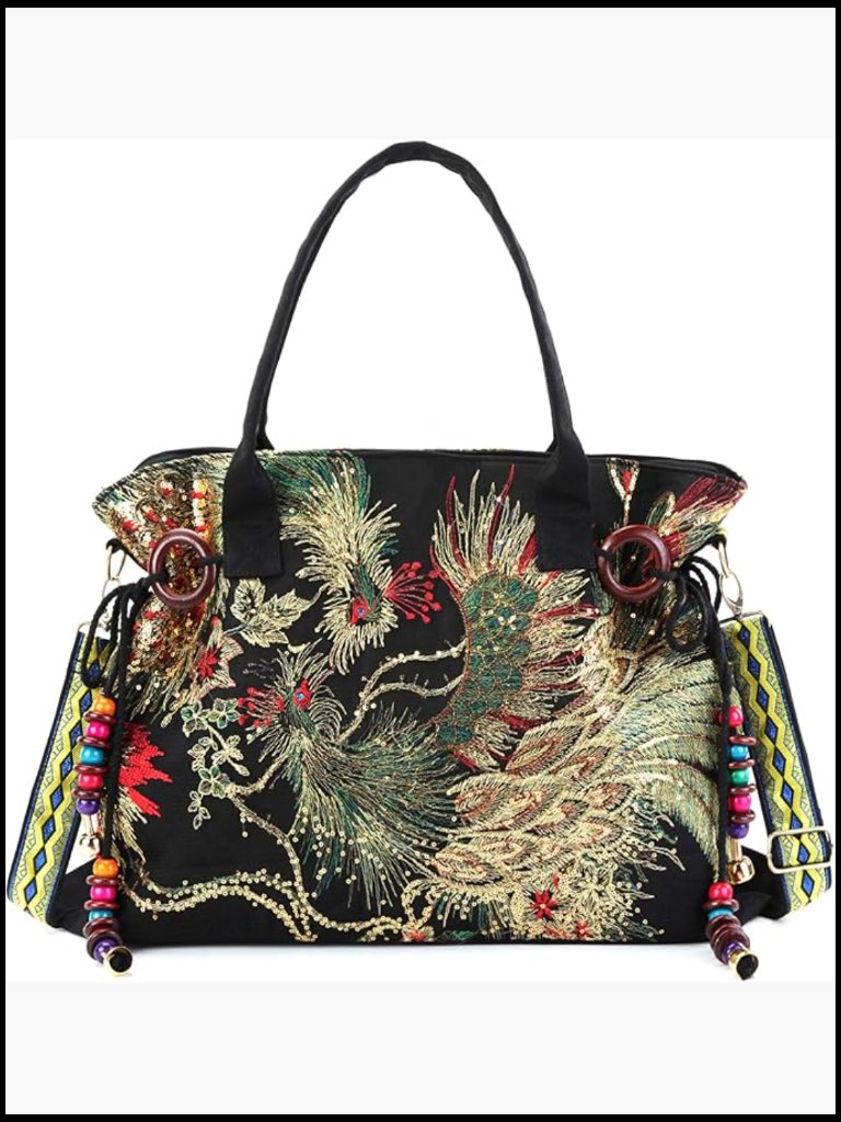 Canvas Tote Bag Embroidery Hobo Handbag Casual Shoulder Bag Vintage Large